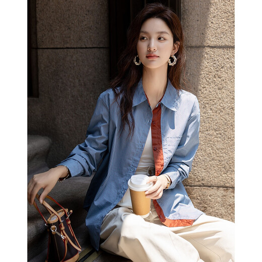 Demana Zizi cotton autumn artistic blue lapel contrast striped shirt patch pocket straight shirt women's top