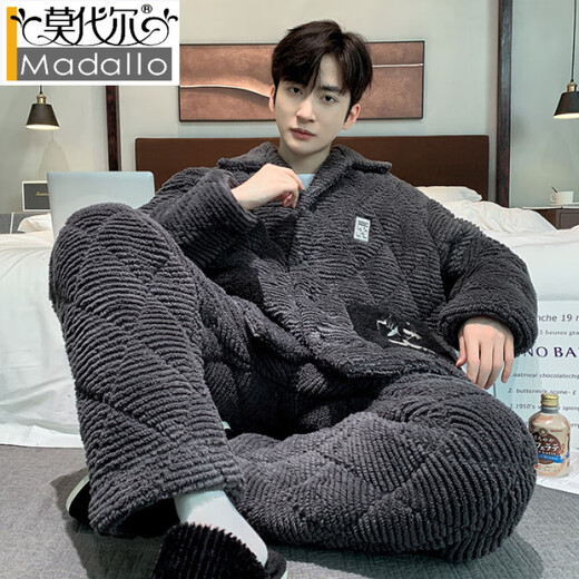 Modal coral velvet pajamas for men in winter plus velvet thickened three-layer cotton spring and autumn home clothes men 2025 warm-keeping suit PMQ three-layer cotton-men 13063 L