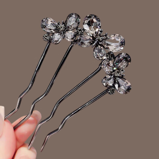 Butterfly rhinestone hair comb for lazy people, high-end exquisite hairpin, temperament, ball head, four-tooth hair comb, headdress, gun gray - about 10CM