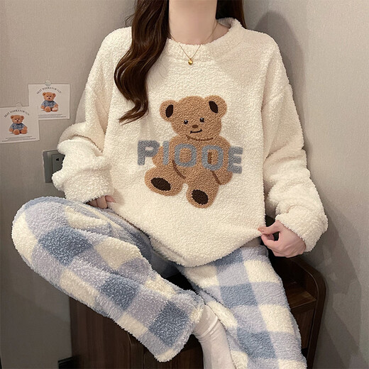 Xiaohongshu's popular half-velvet soft pajamas for women 2025 autumn and winter new plaid bear thickened and warm shan blue-haired girl apricot blue M one size