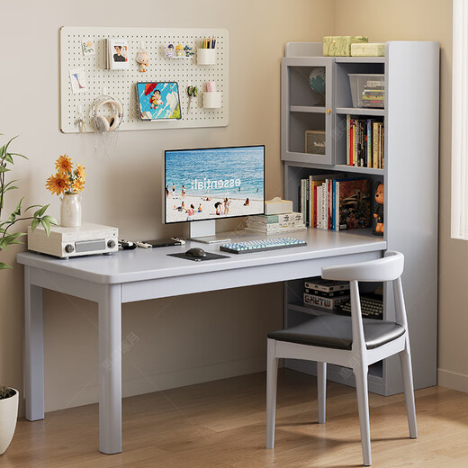 Huixun solid wood corner desk bookshelf combination with bookcase integrated computer desk small apartment study bedroom home desk walnut color #desk + bookshelf 100cm*60cm*182cm total length 124cm