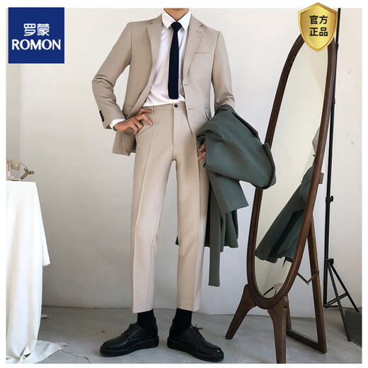 ROMON Korean style two-piece casual suit for men in autumn new handsome professional formal suit suit groomsmen dress apricot single-breasted (can change the size of top or pants alone) S (suit pants) 85-95Jin Jin is equal to 0.5 kg