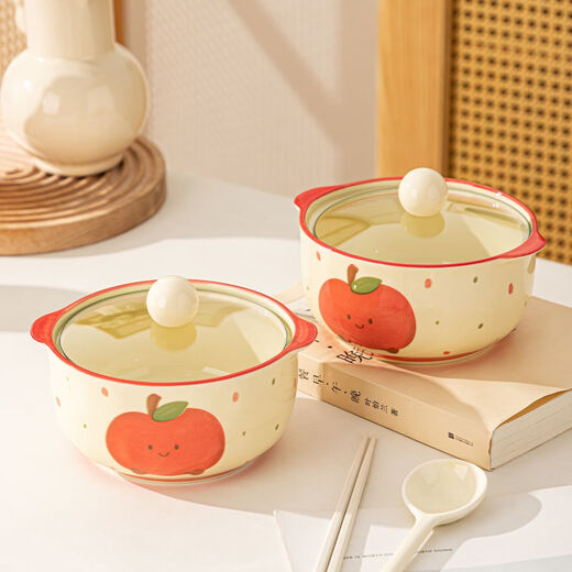 Ceramic instant noodle bowl with lid tableware student dormitory large capacity double-eared snail noodle bowl cute noodle bowl personal use 6-inch apple instant noodle bowl with lid