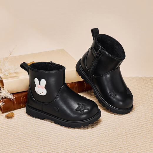 DAVE&BELLA girls' boots, children's short boots, non-slip autumn and winter girls' velvet shoes, black leather boots