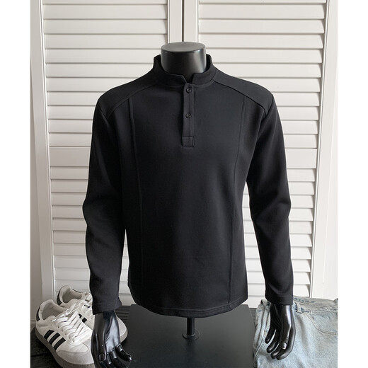 She Man Lai American Polo Henry shirt men's long-sleeved T-shirt spring and autumn trend cleanfit inner casual bottoming sweatshirt men's black L