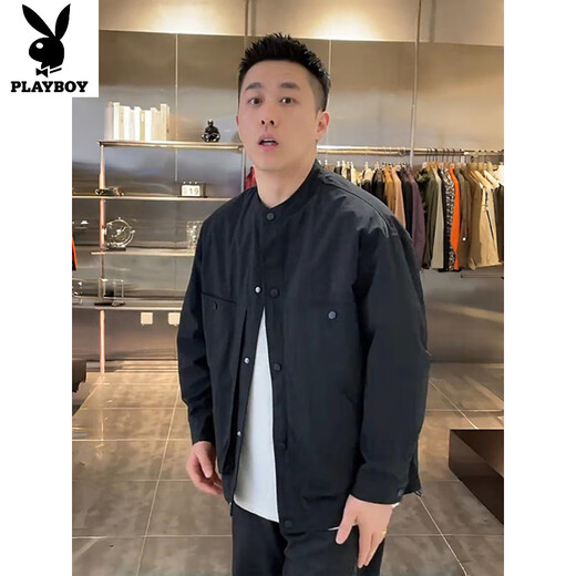 Playboy (PLAYBOY) Spring and Autumn New Solid Color Henley Collar Shirt Men's Simple Fashion Design Versatile Casual Jacket Black M 100-120Jin Jin is equal to 0.5 kg