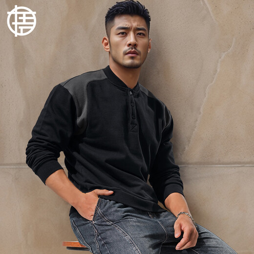 Enlightenment 380G heavyweight thickened Henley sweatshirt men's waist stitching contrasting loose cotton long-sleeved T-shirt autumn and winter black 2XL (160-180Jin Jin is equal to 0.5 kg)