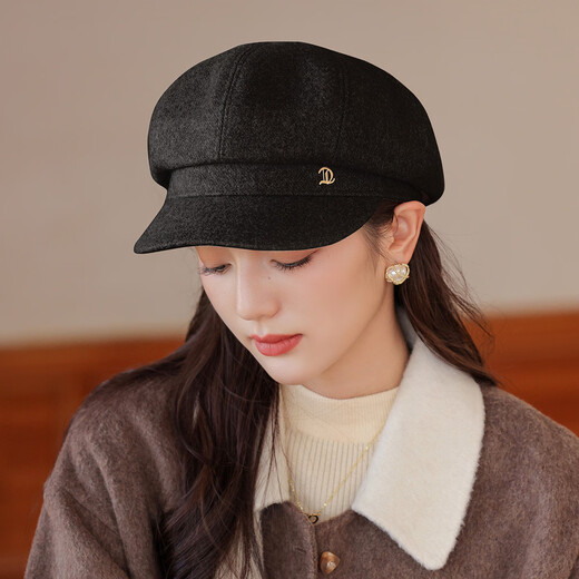 Zhenxiang Hat Women's Autumn and Winter High-end Korean Style Octagonal Hat Fashionable Peaked Hat Beret Hat Showing Your Face Small and Warm B701 Black One Size 55-58cm