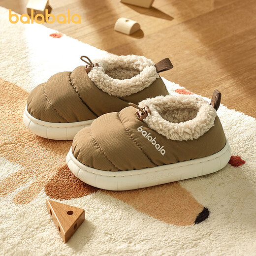 Balabala children's slippers winter warm indoor plus velvet thickening home shoes for boys and girls baby middle and large children bag heel cotton slippers brown 21 inner length 14cm suitable for feet 13-13.5cm