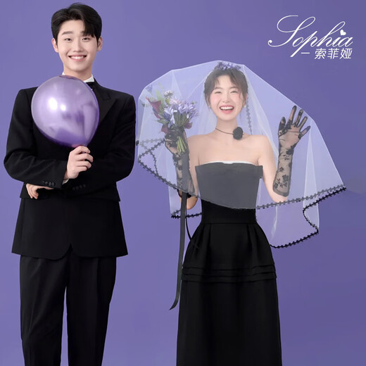 
Bride wedding veil black lace long niche photography and photography style headdress hard yarn white black mesh rose gloves about 52cm