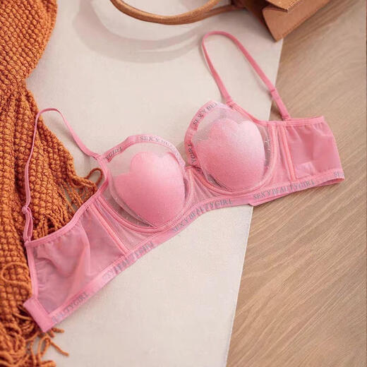 American style pure lust underwear pink suit big breasts appear small sexy cat claw cup with steel ring push-up breathable bra dopamine powder underwear + underwear S 32/70BC