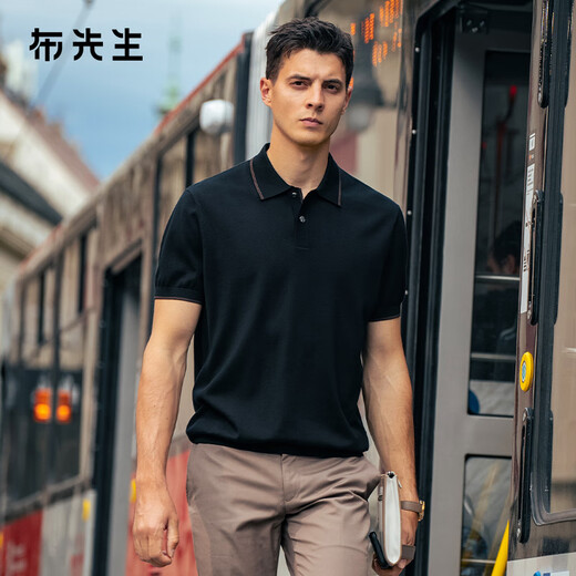 Mr. Bu machine washable lapel cardigan T-shirt 2025 autumn new solid color business sweater short-sleeved bottoming shirt BT16888 piano black M (170)