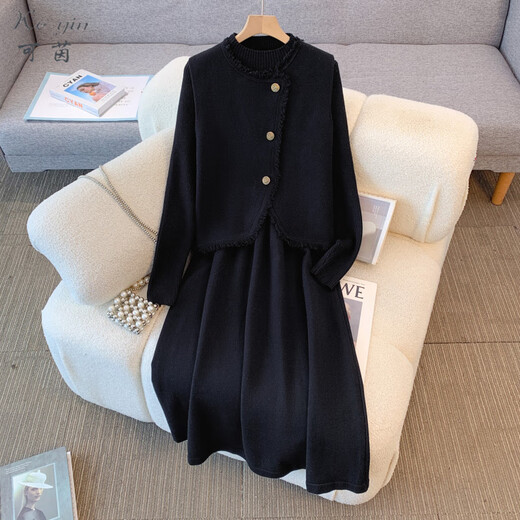 Keyin Dress Women's Suit 2025 Autumn and Winter New Style Small Fragrance Vest Jacket Bottoming Knitted Skirt Women Black Two-piece Set L Recommended 95-115Jin Jin equals 0.5 kg