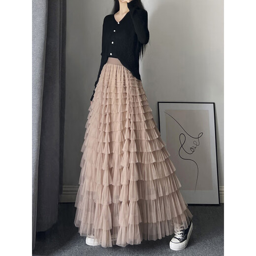 Xianqi mesh cake skirt for women 2025 autumn new mid-length skirt a-line skirt high-end pleated umbrella skirt black one size fits all recommended 80-155 Jin Jin equals 0.5 kg