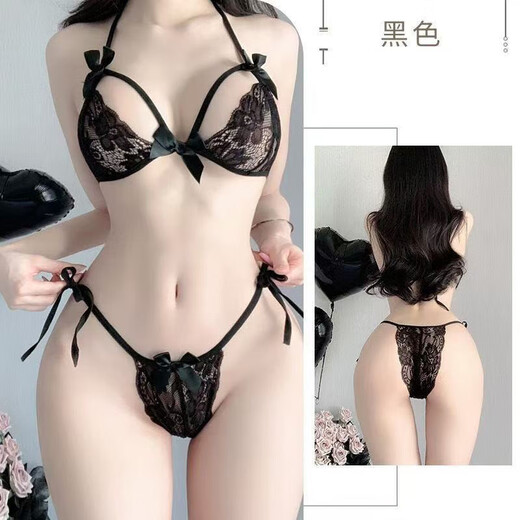 Robertson sexy lingerie sexy lace three-point bra panties women's transparent temptation pajamas set A04 black two-piece set 80-125Jin Jin equals 0.5 kg