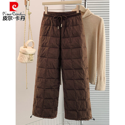 Pierre Cardin European Station Thickened Warm Down Cotton Pants Women's 2026 Winter Elastic High Waist Slim Straight Casual Padded Wide Leg Pants Off-white (small amount) XL recommended 125-140Jin Jin equals 0.5 kg