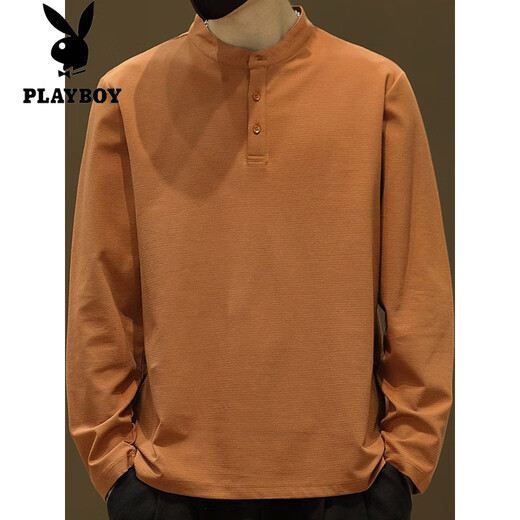 Playboy (PLAYBOY) Henry collar long-sleeved T-shirt for men in spring and autumn solid color retro simple bottoming shirt loose trendy brand versatile stand-up collar sweatshirt Khaki 56119 long sleeve 4XL (about 170-190Jin Jin is equal to 0.5 kg can be worn)