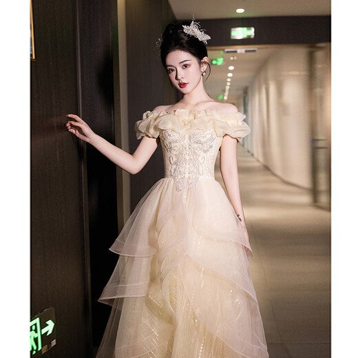 ACJK One Shoulder Evening Dress 2025 New High-end Light Luxury Niche Host Feeling Beautiful Adult Ceremony Art Test Champagne Color 2XL