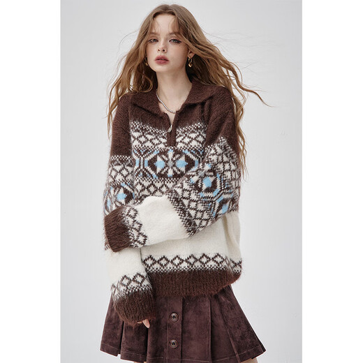 Leprechaun's Pocket Retro Lapel Fair Isle Sweater Women's 2025 Autumn and Winter New Fake Alpaca Lazy Style Top Fair Isle Off-White M