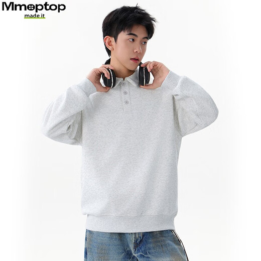 MMOPTOP Japanese heavyweight Chinese cotton polo collar sweatshirt autumn and winter men's loose inner long-sleeved MWY21 white flower gray L