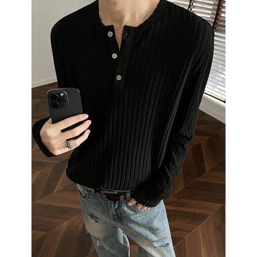 Junyin cleanfit right shoulder long-sleeved T-shirt men's autumn new high-end Henry collar knitted sweatshirt with base layer black M
