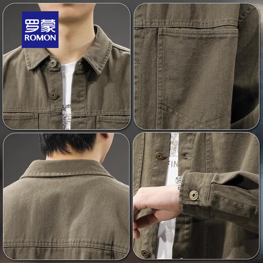 ROMON jacket men's 2025 new autumn and winter top pure cotton workwear loose large size spring casual lapel shirt jacket trend military gray L (suitable weight 120-140Jin Jin equals 0.5 kg)