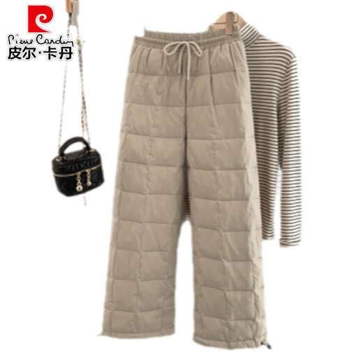 Pierre Cardin European Station Thickened Warm Down Cotton Pants Women's 2026 Winter Elastic High Waist Slim Straight Casual Padded Wide Leg Pants Off-white (small amount) XL recommended 125-140Jin Jin equals 0.5 kg