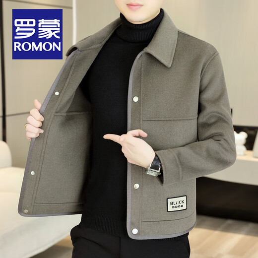ROMON sheep wool jacket men's short autumn and winter new business casual warm lapel double-sided woolen jacket trendy international gray XL 180 about 130-145 Jin Jin equals 0.5 kg can be worn
