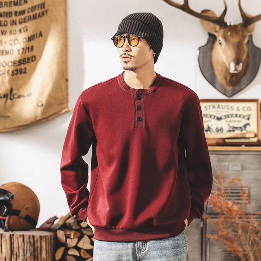 Jay Leno American retro Henry collar sweatshirt men's spring and autumn 2025 new loose casual 300g heavyweight long-sleeved polo shirt for men maroon heavy 300g M suitable for 100-120Jin Jin equals 0.5 kg