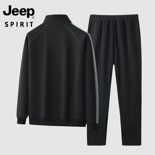 Jeep (JEEP) pure cotton sports suit men's spring and autumn stand-collar cardigan sweater two-piece set winter plus velvet thickened sports suit set thin style dark gray-6189 L Recommended 100-120 Jin [Jin equals 0.5 kg]