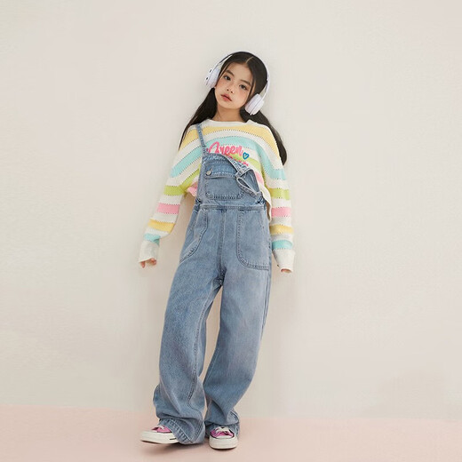 Girls and children's clothing denim overalls for spring and autumn, medium and large children's new Korean style pants, children's casual all-match straight pants, blue 140 140cm