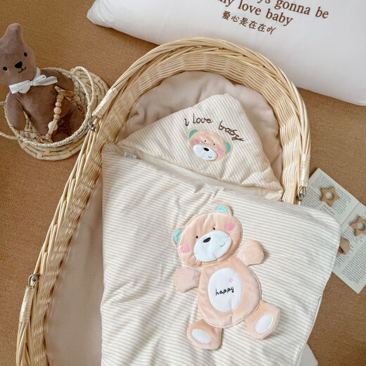 Baby colorful cotton quilt autumn and winter thickened and removable spring and summer thin newborn baby quilt newborn swaddle for four seasons happy bear coffee color four seasons double bile model (thin bile + thick bile) 98*98cm