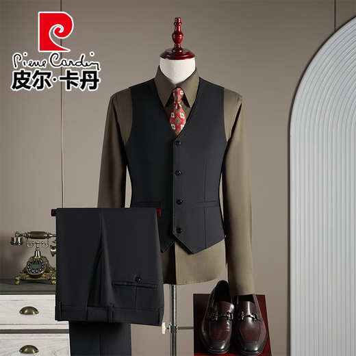 Pierre Cardin haute couture wool suit suit men's wedding dress business professional slim formal groom's suit British style handsome black suit + trousers + vest 3XL