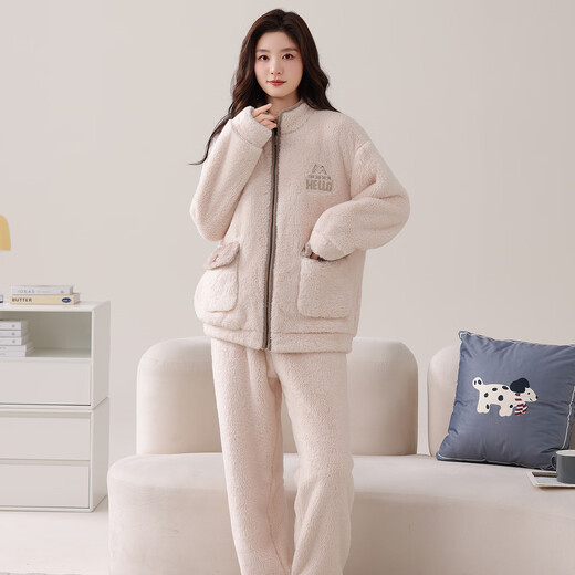 LangSha (LangSha) pajamas couple wear, one man and one woman, winter flannel thickened warm cardigan zipper casual can be worn outside home clothes 5910 couple L female + XL male