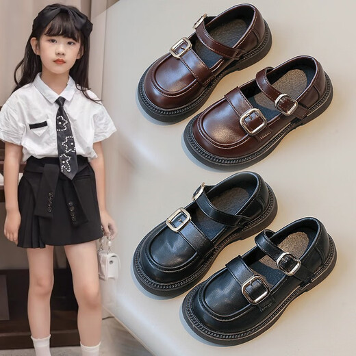 Girls Shoes Princess Shoes 2025 Spring New Genuine Leather Children's Small Leather Shoes Soft Sole Girls Black Single Shoes Spring Style Black 32 Inner Length Approximately 19.6cm