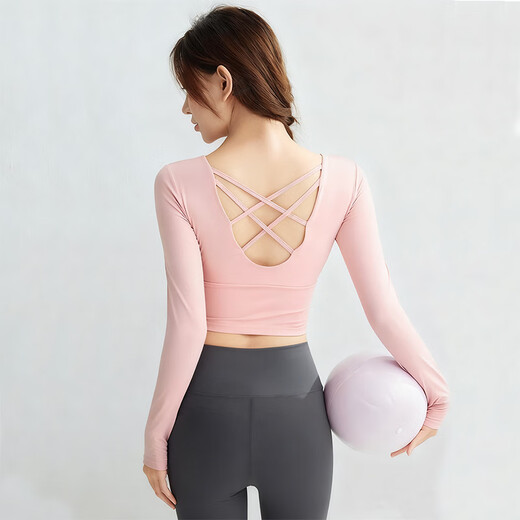 Yu Hee Hee Yoga Suit Women's New Advanced Long-Sleeved Pilates Training Wear Fitness Sports Suit Light Pink Top + Gray Pants S (80-95Jin Jin equals 0.5kg)