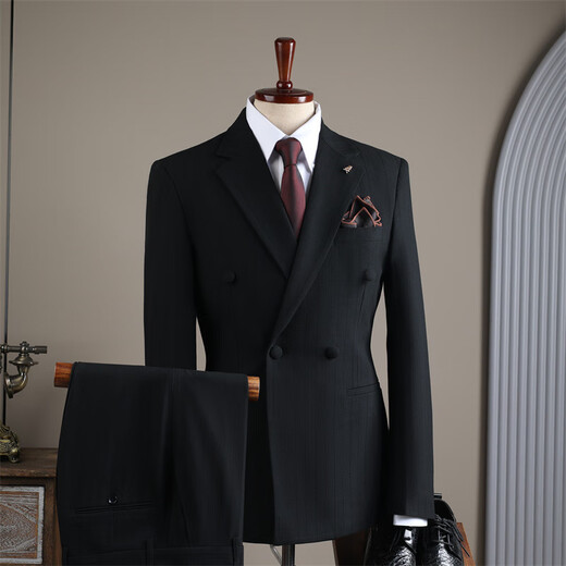 Xixi Shishi suit autumn and winter suit men's double-breasted striped suit men's suit casual groom black (suit + trousers) XL 52 (125-135Jin Jin equals 0.5 kg)