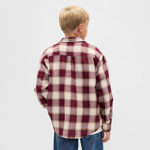 Gap Boys 2025 Autumn New Cotton Flannel Plaid Lapel Shirt Children's Clothing American Version Maroon Plaid 140/72 (10-11 years old)