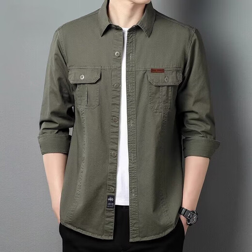 Shirt men's 2025 spring and autumn new solid color cotton comfortable American tough guy casual workwear long-sleeved men's shirt summer military green regular original high quality XL recommended 125-140Jin Jin equals 0.5 kg