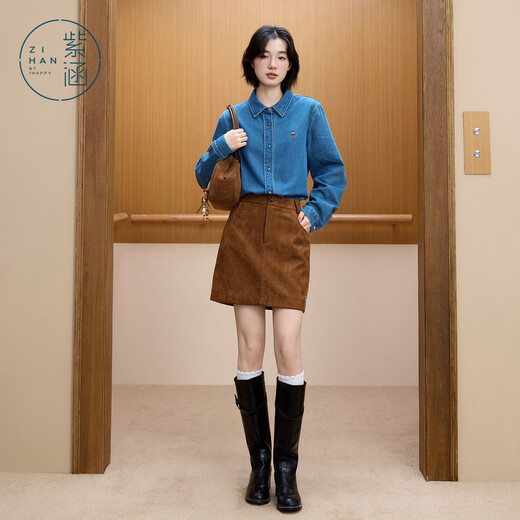 Zihan (ZIHAN) Zihan denim long-sleeved shirt for women 2025 winter new bear embroidery simple commuting can be worn outside blue shirt denim blue XS