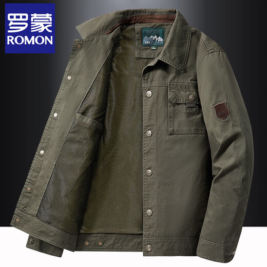 Luo Meng Spring and Autumn New Jacket Men's Lapel Multi-Pocket Loose Large Size Outdoor Casual Workwear Jacket for Men Military Green 2XL