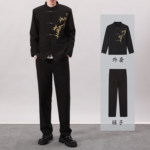GOKU Men's New Chinese Style Engagement Dress Stand Collar Mao Suit Suit Chinese Style Embroidered Suit for Marriage Tang Suit Men Golden Bamboo Jacket + Pants 3XL Recommended Weight 150-180 Jin Jin equals 0.5 kg