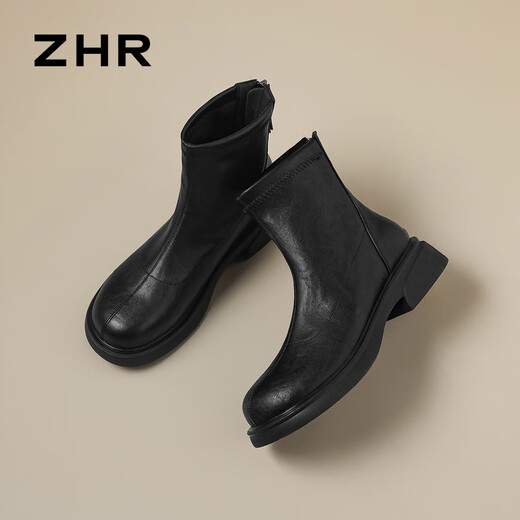 ZHR flat short boots for women 2025 winter new plus velvet British Martin boots for women slimming snow boots for women JF307A black 37