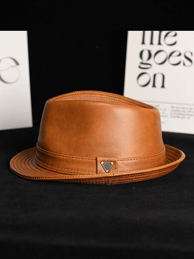What a cool leather hat, men's autumn and winter hat, casual gentleman hat, middle-aged and elderly dad hat, elderly retro sheepskin cowboy hat, cowhide yellow-brown (4cm) brim 2XL (58-61cm) can be fine-adjusted
