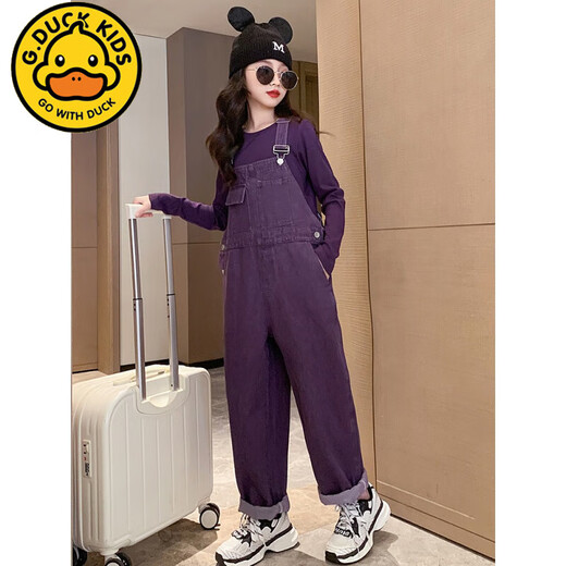 G.DUCKKIDS Little Yellow Duck Girls' Overalls Set Dopamine Style Children's Clothes for Big Girls Purple Fashionable Long-Sleeved Pants Two-piece Set Purple Overalls 160 cm