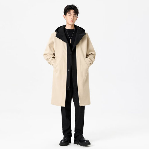 Mu Fanmian spring new fake two-piece woolen coat men's long hooded knee-length large size loose fat spring and autumn windbreaker jacket black thickened L suitable for 125 to 150 Jin Jin equals 0.5 kg