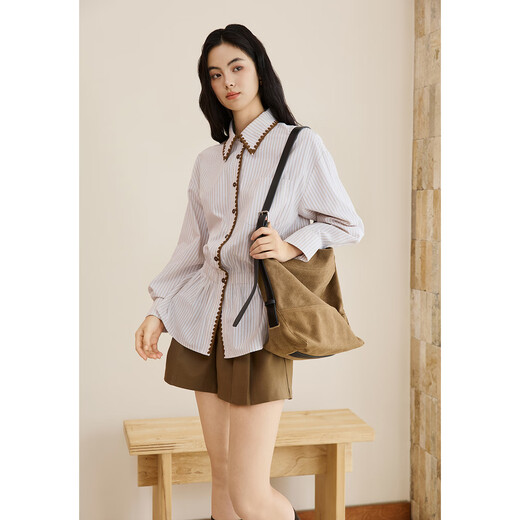 Mystery Show Striped Waist Shirt Women's 2025 Autumn New Shell Embroidered Decoration Retro Loose Commuting Top Striped S