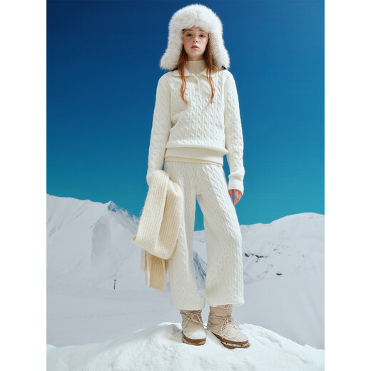 ELLE KIDS童装 学院经典绞花套装女儿童秋冬新款套头毛衣/针织长裤可选 本白色-上衣 150