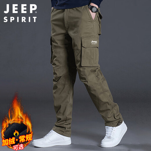 JEEP SPIRIT Jeep overalls men's autumn and winter straight casual pants men's loose multi-pocket men's pants military green L