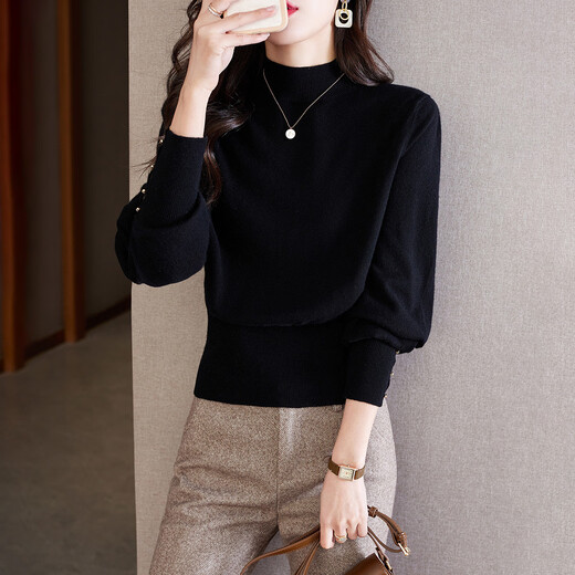 Shexi (Srcr) pure wool sweater half turtleneck sweater for women autumn and winter small lantern sleeve knitted bottoming shirt with top